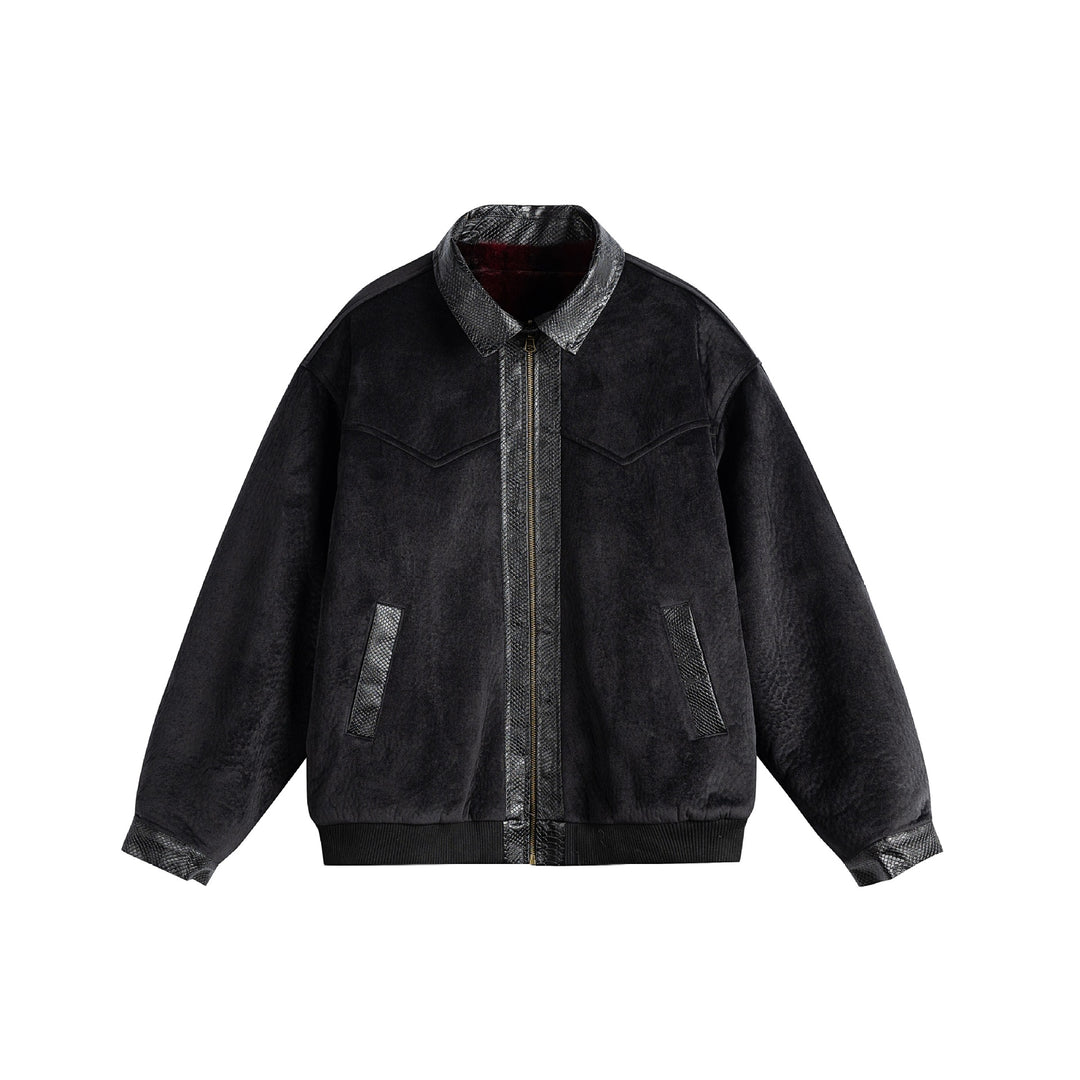Unisex Oversize Blousonjacke aus Velours‑Suede mit Reptilprägung‑Besatz und wärmender Teddyungfutter Shop Nory