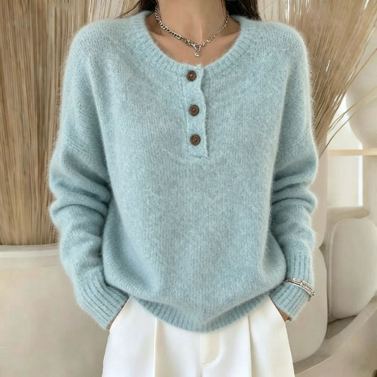 Damen Kuscheliger Rundhals-Henley-Pullover mit Knopfleiste und Raglanärmeln Shop Nory