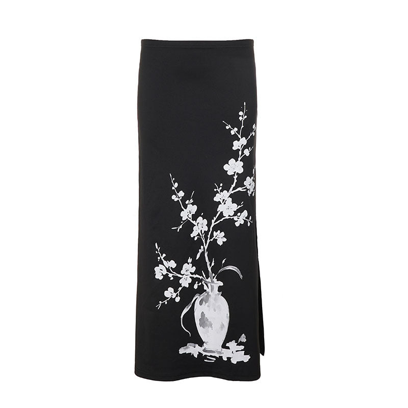 Damen nan ausgestellter Maxi-Rock mit A-Linien-Schnitt, elastischem Bund und floraler Aquarell-Vasen-Print Shop Nory