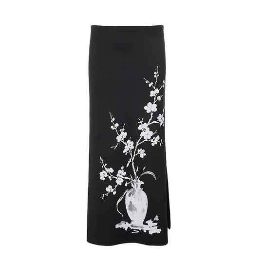 Damen nan ausgestellter Maxi-Rock mit A-Linien-Schnitt, elastischem Bund und floraler Aquarell-Vasen-Print Shop Nory