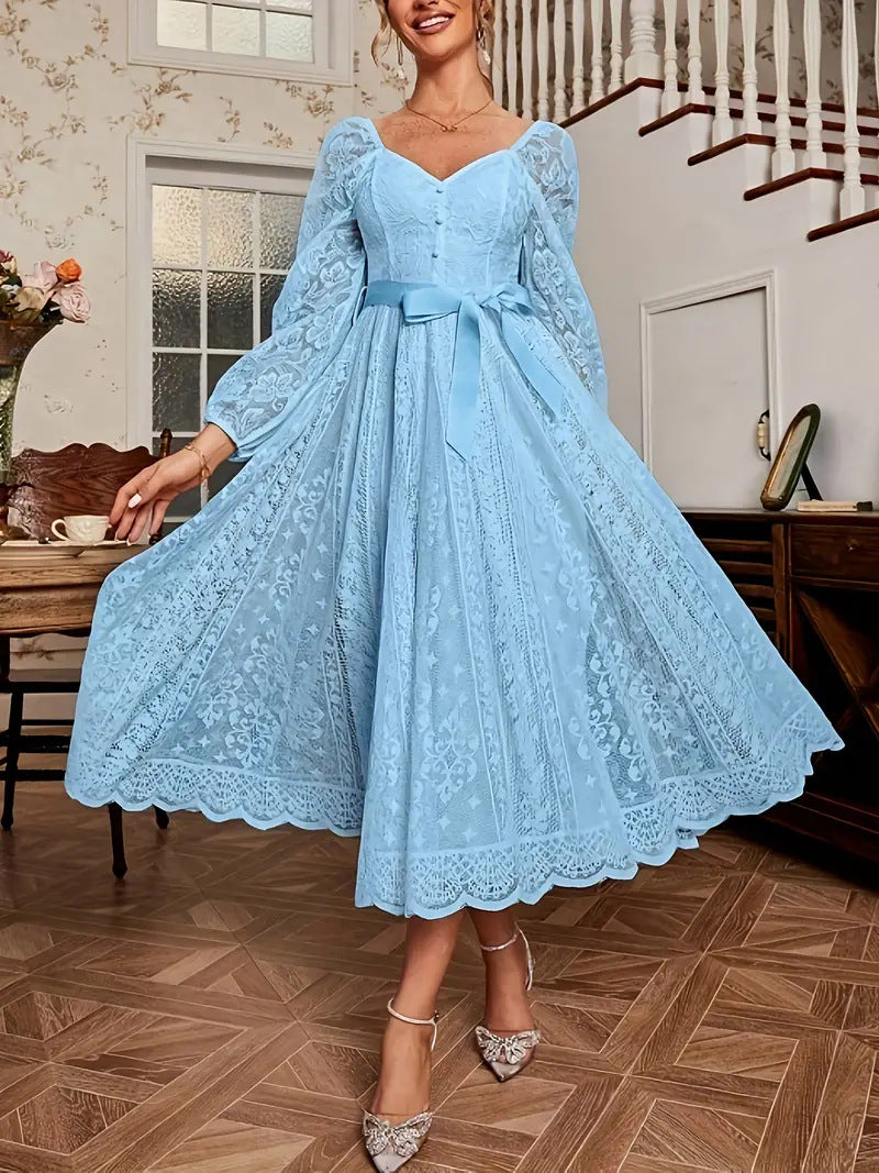 Damen Elegantes Spitze Midi-Kleid mit puffärmel und Taillenbindung