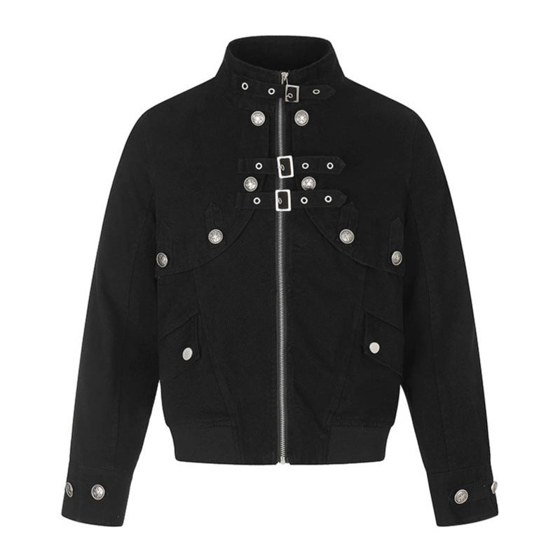 Damen Kurz geschnittene taillierte Bomberjacke mit Stehkragen, Zierschnallen und Pattentaschen Shop Nory