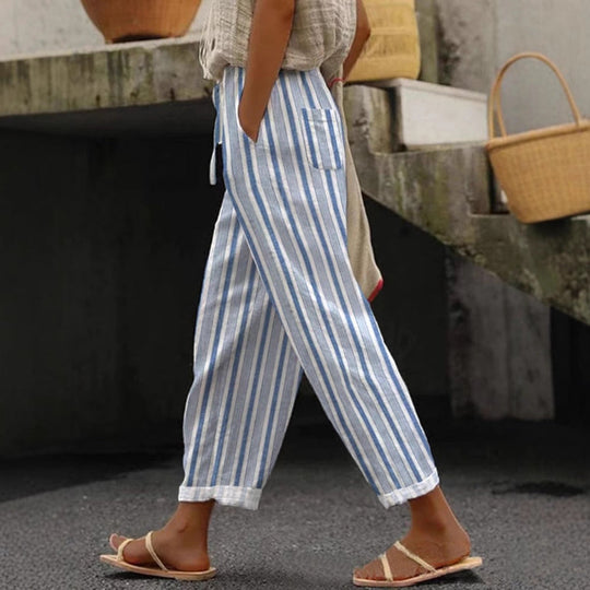 Damen Weite Leinenhose mit Streifenmuster