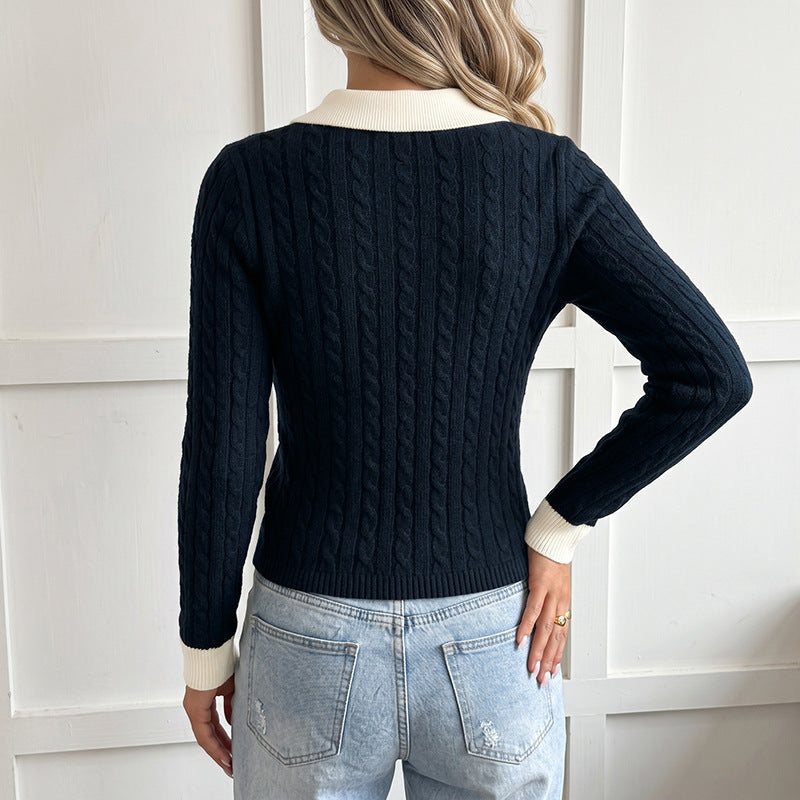 Damen Eleganter Strickpullover mit V-Ausschnitt und Kontrastkragen Shop Nory