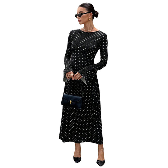Damen elegantes Polka‑Dot Maxikleid mit tailliertem Oberteil, Trompetenärmeln und fließendem A‑Linien‑Rock Shop Nory