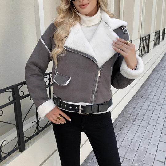 Damen Modische Kunstlederjacke mit luxuriösem Kunstfellbesatz