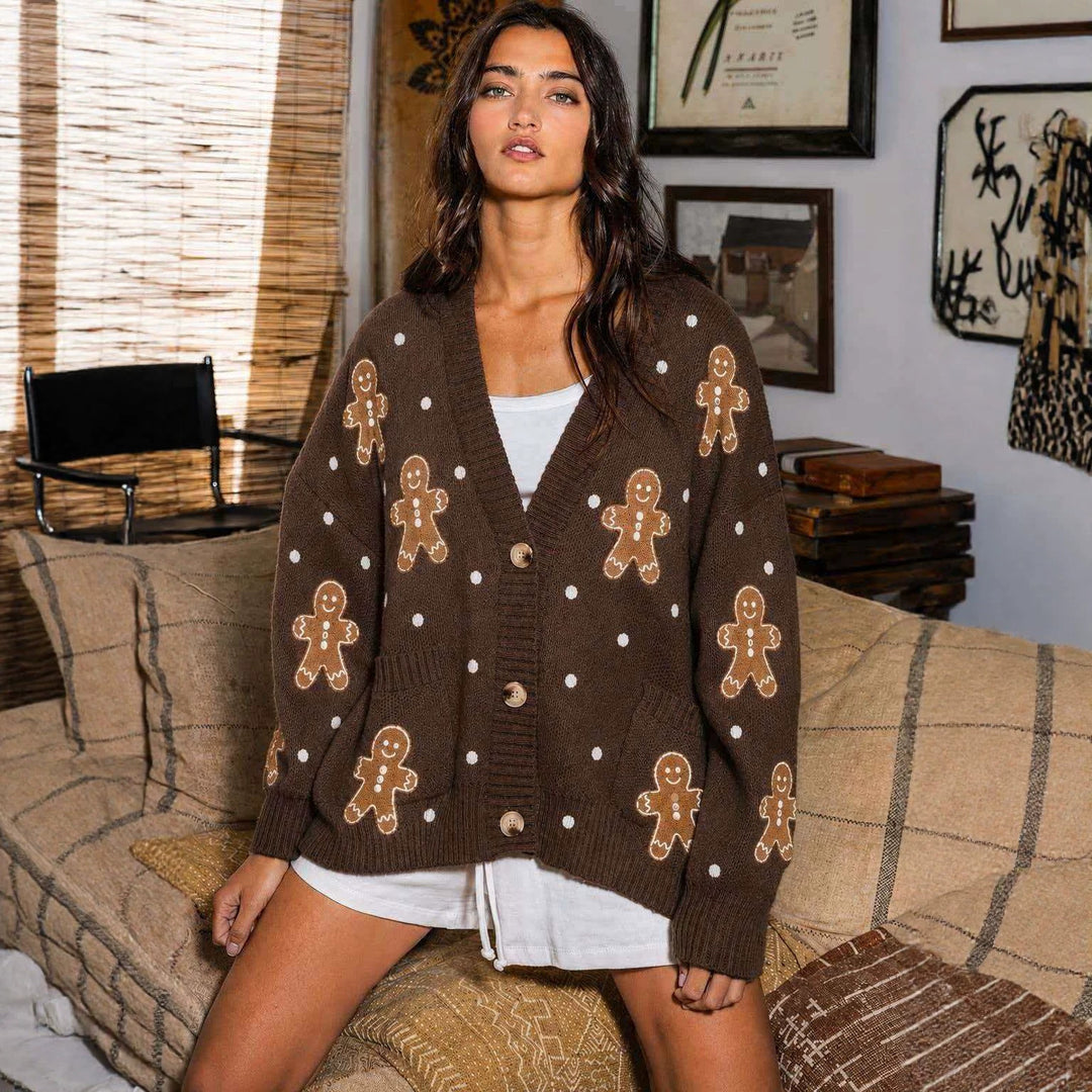 Damen oversized Strickcardigan mit Lebkuchenstickerei und tiefem V-Ausschnitt Shop Nory