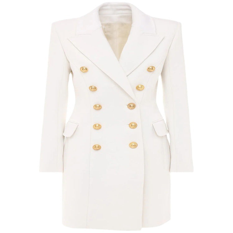 Damen Schmalgeschnittener Zweireihiger Wollmix-Longcoat mit markanter Schulter und goldenen Zierrundknöpfen Shop Nory