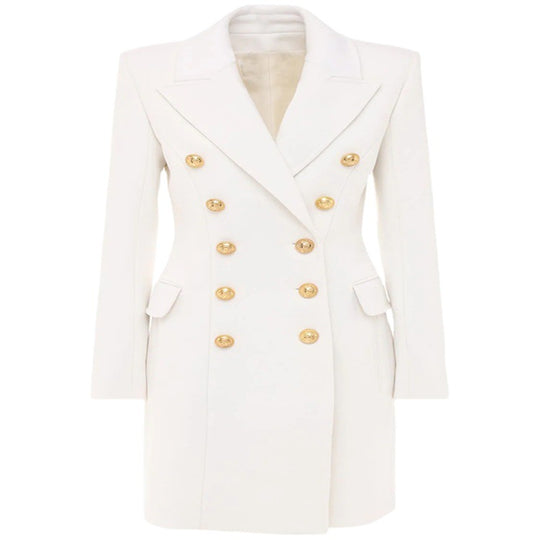 Damen Schmalgeschnittener Zweireihiger Wollmix-Longcoat mit markanter Schulter und goldenen Zierrundknöpfen Shop Nory