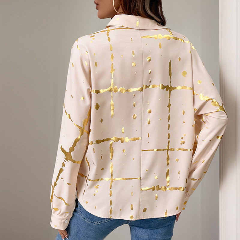 Damen Elegante Langarm-Bluse mit Gold-Folienprint, Hemdkragen und lockerem Schnitt Shop Nory
