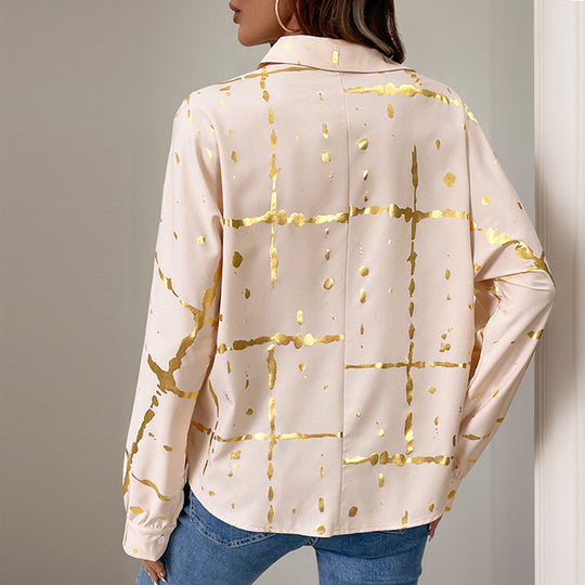 Damen Elegante Langarm-Bluse mit Gold-Folienprint, Hemdkragen und lockerem Schnitt Shop Nory
