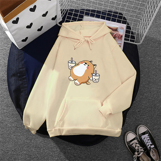 Damen nan niedlicher Kapuzenpullover mit Kängurutasche, oversized Schnitt und Bubble‑Tea Corgi-Print Shop Nory
