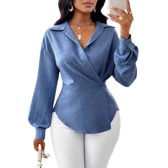 Damen Taillierte Wickelbluse mit Hemdkragen, asymmetrischem Saum & Ballonärmeln Shop Nory