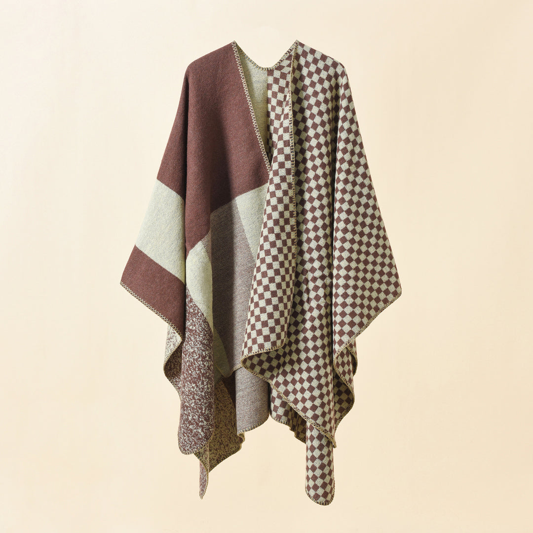 Damen Wendbarer Karomuster-Capeponcho aus Wollmix mit kastigem Oversize-Fall Shop Nory