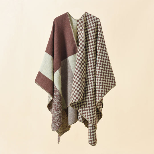 Damen Wendbarer Karomuster-Capeponcho aus Wollmix mit kastigem Oversize-Fall Shop Nory