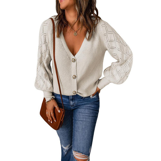 Damen Strickcardigan mit V-Ausschnitt, Zierknopfleiste und Ajourballonärmeln Shop Nory