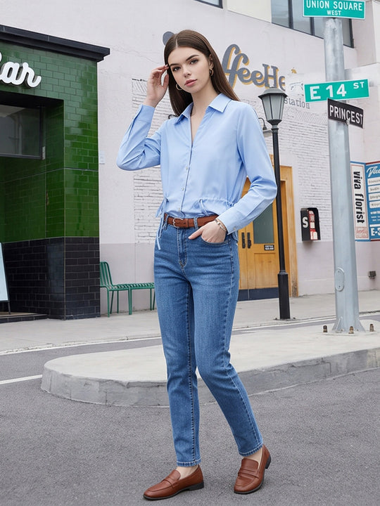 Damen Leichte Hemdbluse mit Tunnelzug-Bund und klassischem Hemdkragen Shop Nory