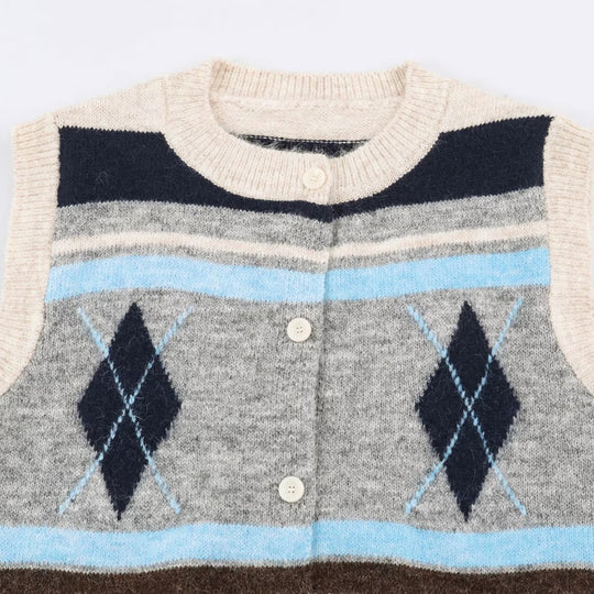 Damen Ärmellose Argyle-Strickweste mit durchgehender Knopfleiste und geripptem Saum Shop Nory