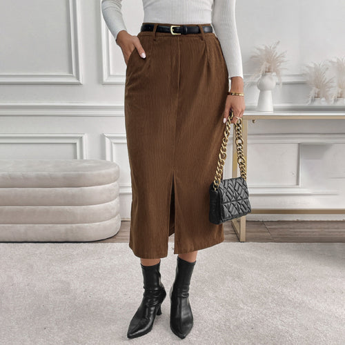 Damen Cord-Midirock mit hohem Bund, Eingrifftaschen und mittigem Schlitz Shop Nory