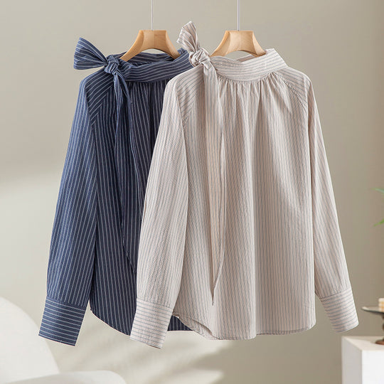 Damenbluse mit Schleifenkragen und feinem Nadelstreifen Shop Nory