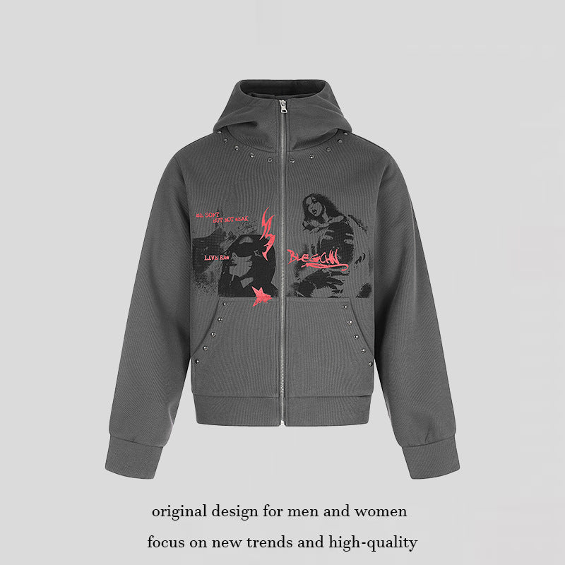 Damen Kapuzen-Zipjacke mit Nietenverzierung, Artwork-Frontprint und Kängurutaschen Shop Nory