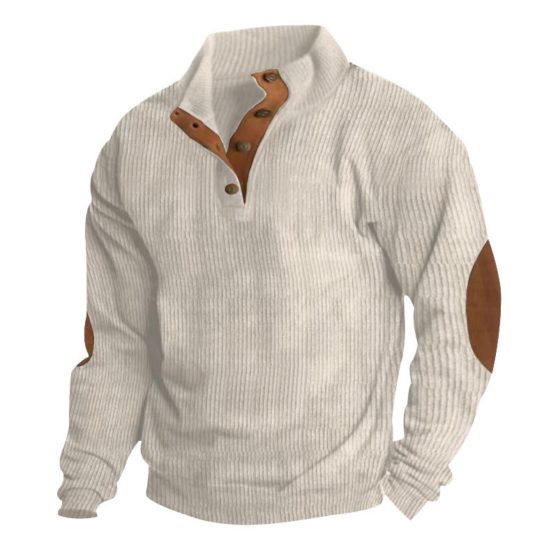 Herren nan gerippter Pullover mit Henley-Kragen und Leder-Ellbogenpatches Shop Nory