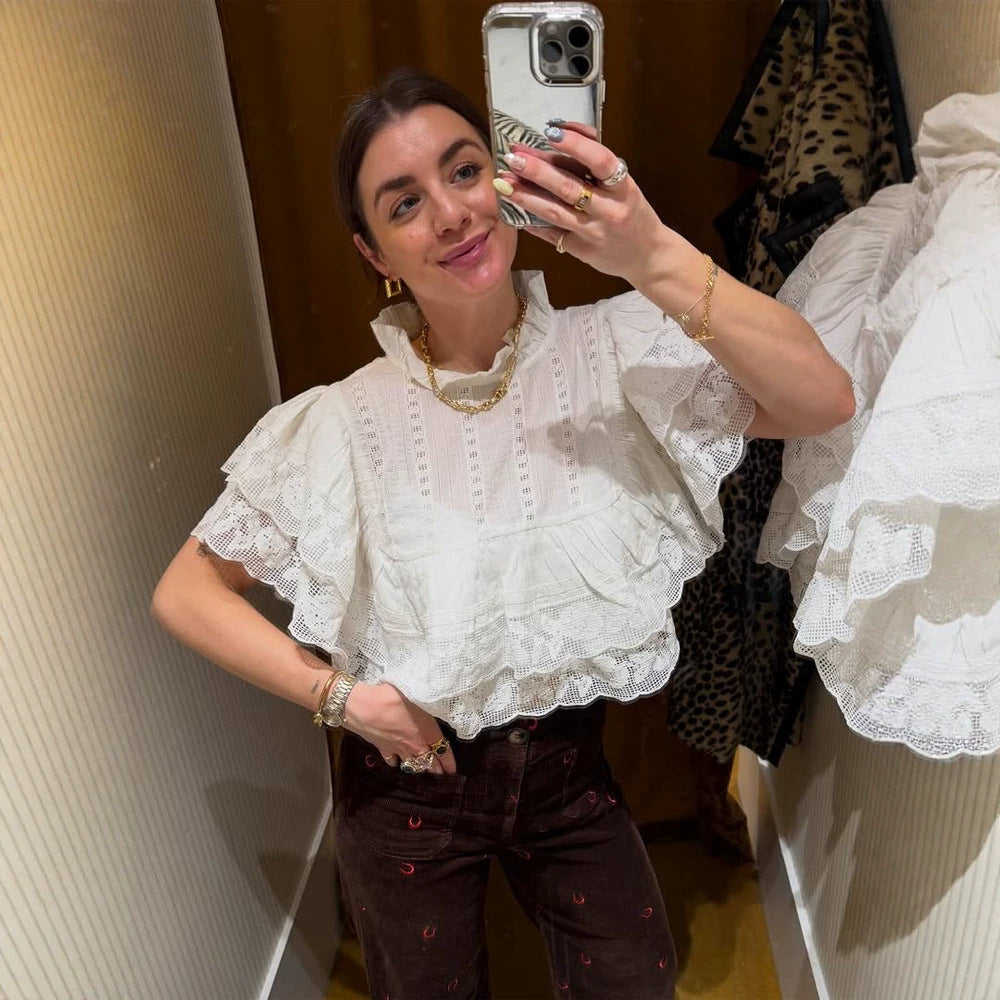 Damen Spitzenbluse im Cropped-Volantstil mit Stehkragen und Lagenrüschen Shop Nory