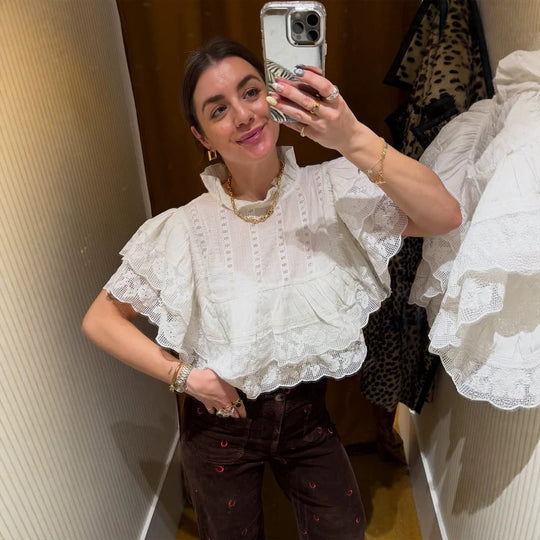Damen Spitzenbluse im Cropped-Volantstil mit Stehkragen und Lagenrüschen Shop Nory