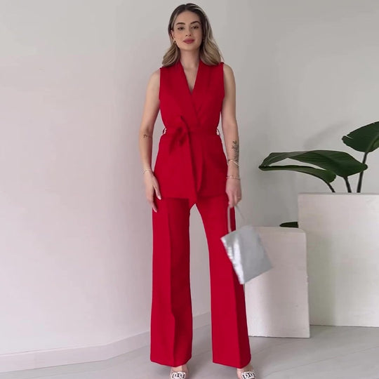 Damen Ärmelloses Blazer-Set mit tailliertem Bindegürtel und High-Waist Schlaghose Shop Nory