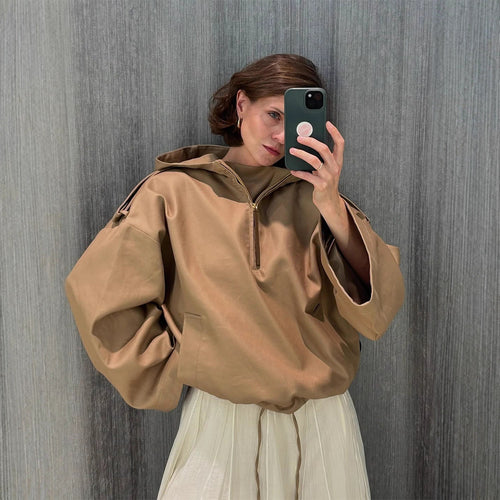 Damen Oversize Kapuzenpullover mit halbem Reißverschluss, Ballonärmeln & Tunnelzug Shop Nory