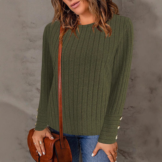 Damen Gerippter Feinstrick-Pullover mit Rundhals und Perlmuttknopf‑Manschetten Shop Nory