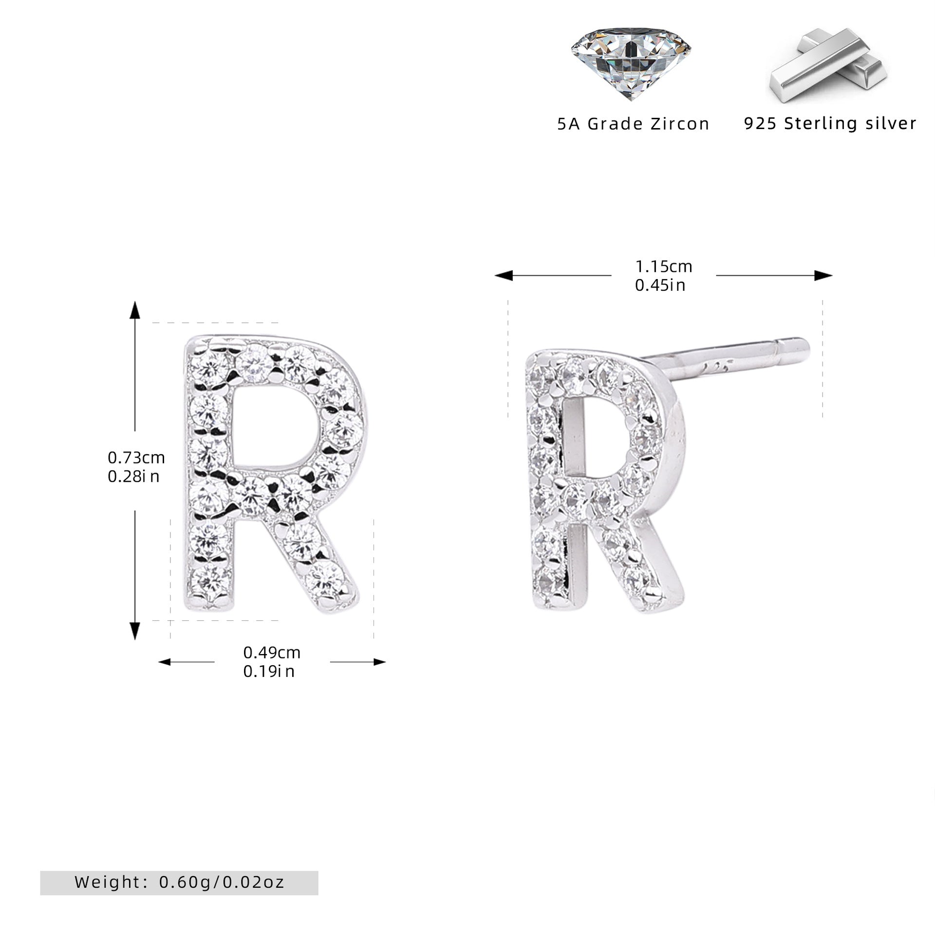Damen Ohrstecker aus 925 Sterling Silber mit luxuriösem Zirkonbuchstaben R Shop Nory