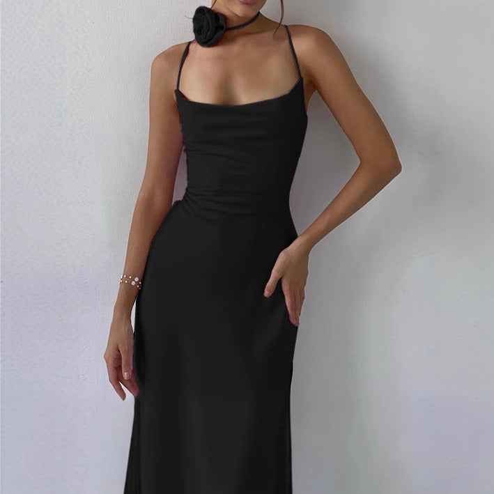 Damen Elegantes Bodenkotan Maxi-Kleid mit schmalen Spaghetti-Trägern und tiefem Ausschnitt