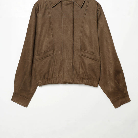 Damen Cropped Blousonjacke im Wildleder‑Look mit Hemdkragen, Epauletten und elastischem Bund Shop Nory