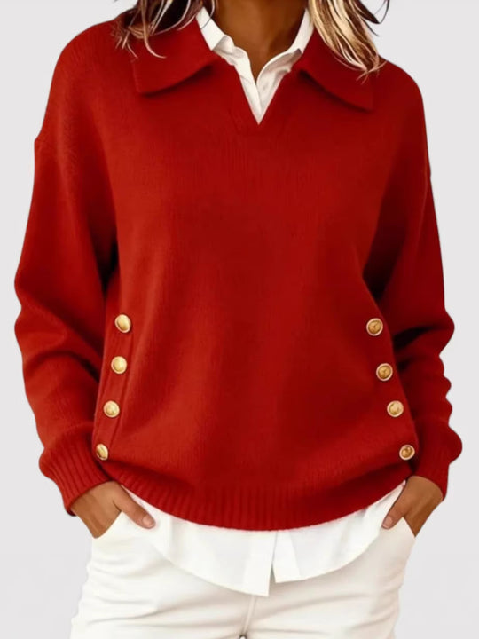 Damen Modischer Strickpullover mit Kragen und Knopfdetails