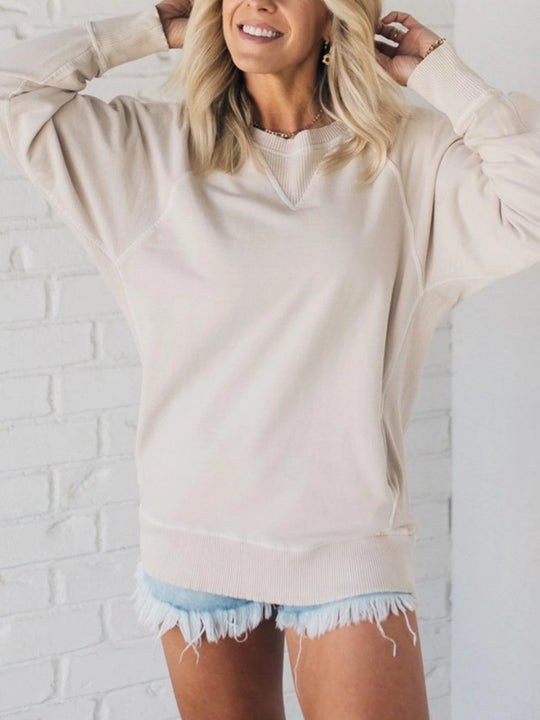 Damen Oversize Baumwoll-Sweatshirt mit V‑Stitch, Rippbündchen und Seitentaschen Shop Nory