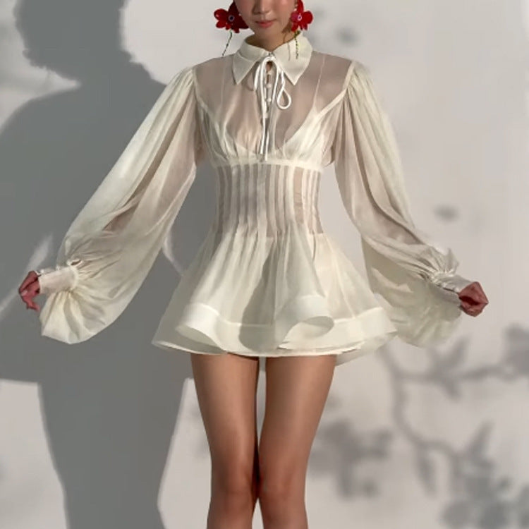 Damen Transparentes Chiffon-Minikleid mit Korsagenoptik, Puffärmeln und ausgestelltem Rock Shop Nory