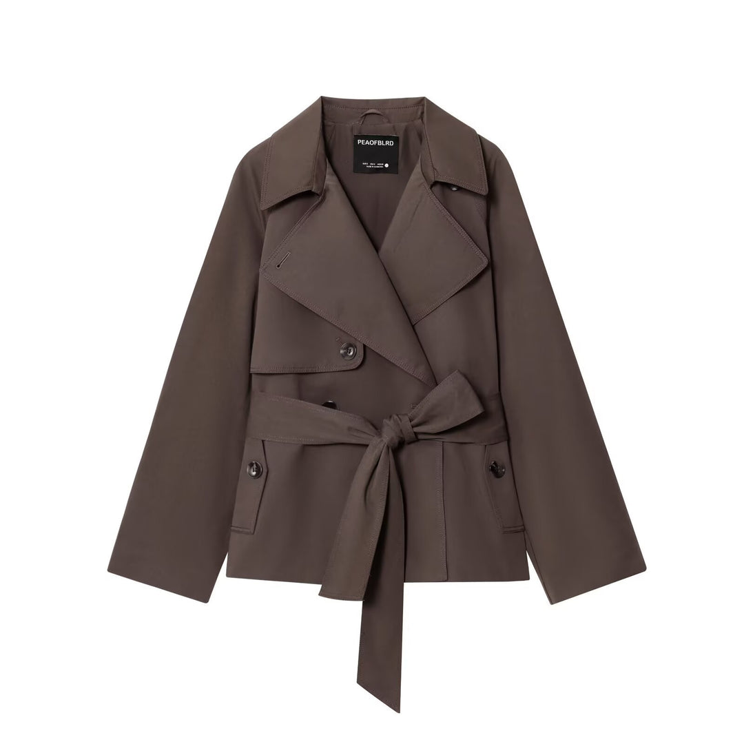 Damen Gekürzte Taillengürtel-Trenchjacke mit breitem Revers und Pattentaschen Shop Nory