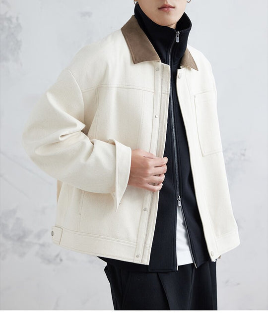 Herren Boxy-Zipjacke aus strukturiertem Baumwollmix mit Lederkragen und verdeckter Druckknopfblende Shop Nory