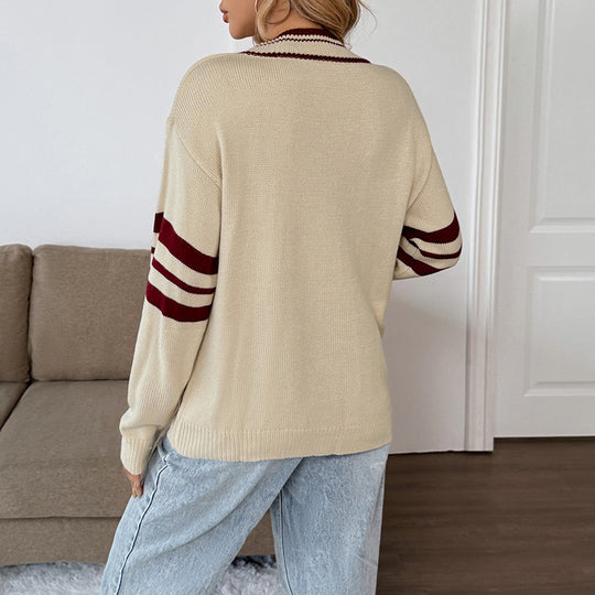 Damen Oversize V-Ausschnitt Strickpullover mit One-Shoulder, Kontraststreifen und gerippten Bündchen Shop Nory