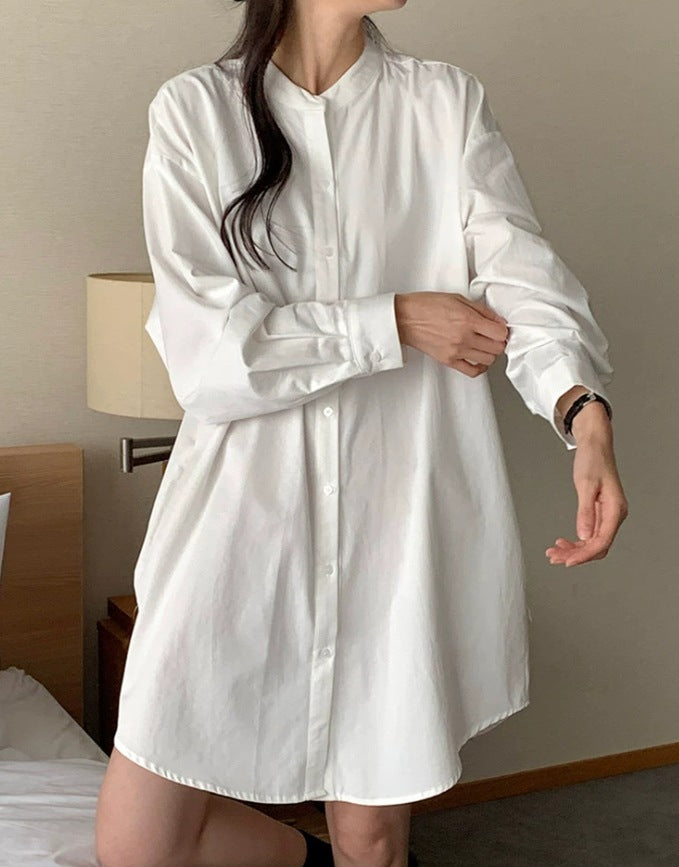 Damen Weites Baumwoll-Hemdblusenkleid mit Stehkragen, Oversize-Schnitt und gerundetem Saum Shop Nory