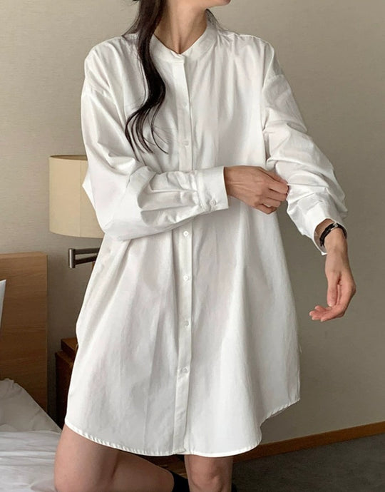Damen Weites Baumwoll-Hemdblusenkleid mit Stehkragen, Oversize-Schnitt und gerundetem Saum Shop Nory
