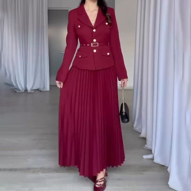 Damen Taillierter Blazer mit Gürtel und Plissierter Maxirock Set Shop Nory