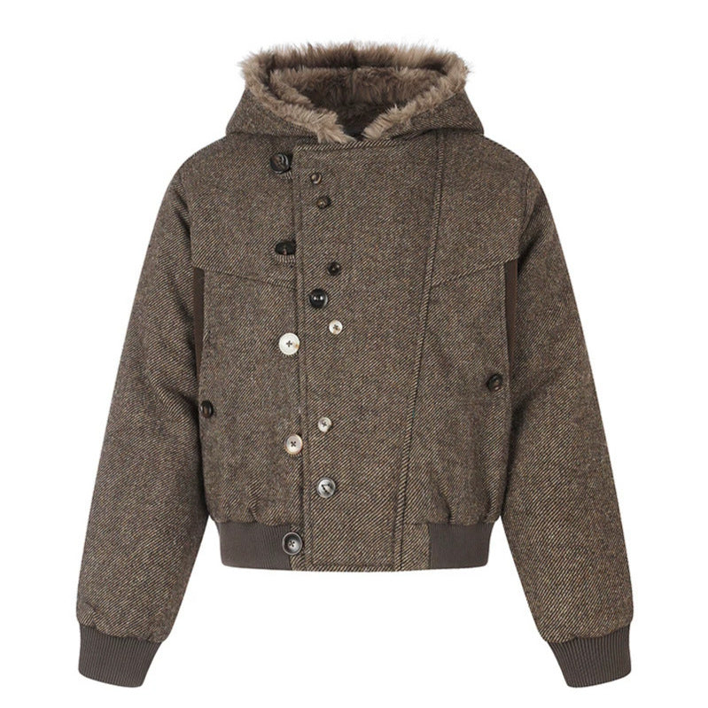 Damen Kapuzen-Bomberjacke mit Kunstfellfutter, asymmetrischer Mehrfachknopfleiste und geripptem Bund Shop Nory