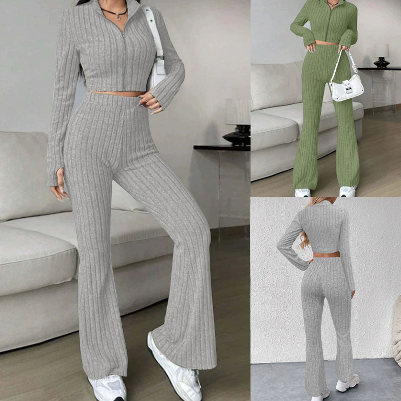 Damen Gerippter Strick-Zweiteiler mit Cropped Reißverschluss-Cardigan und High‑Waist Schlaghose Shop Nory