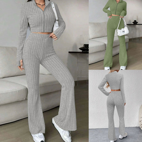 Damen Gerippter Strick-Zweiteiler mit Cropped Reißverschluss-Cardigan und High‑Waist Schlaghose Shop Nory