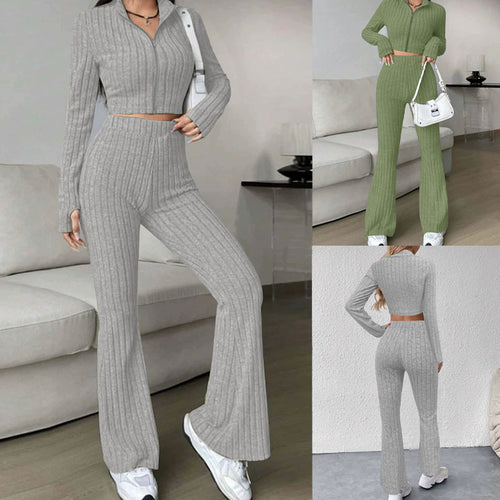 Damen Gerippter Strick-Zweiteiler mit Cropped Reißverschluss-Cardigan und High‑Waist Schlaghose Shop Nory