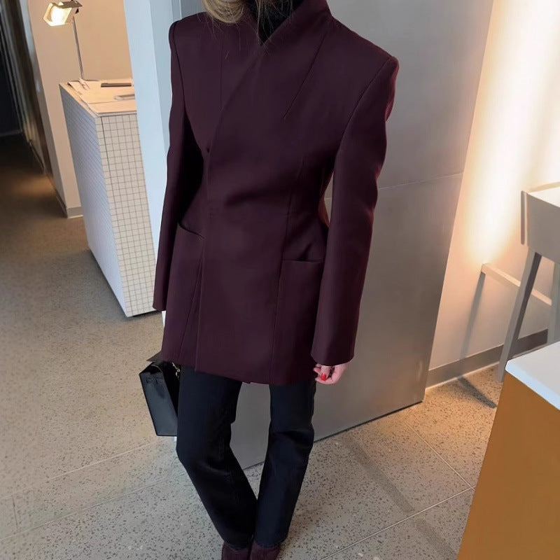 Damen strukturierter Blazer-Mantel mit hohem Kragen und Taillengürtel Shop Nory