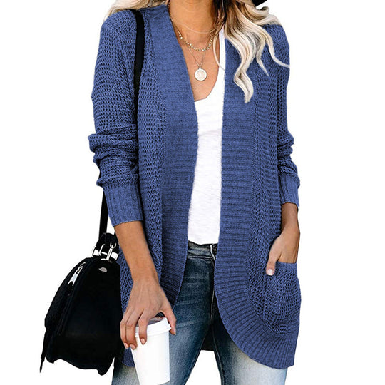 Damen Langer Offener Strickcardigan mit Taschen, Rippbündchen und strukturierter Waffeloptik Shop Nory