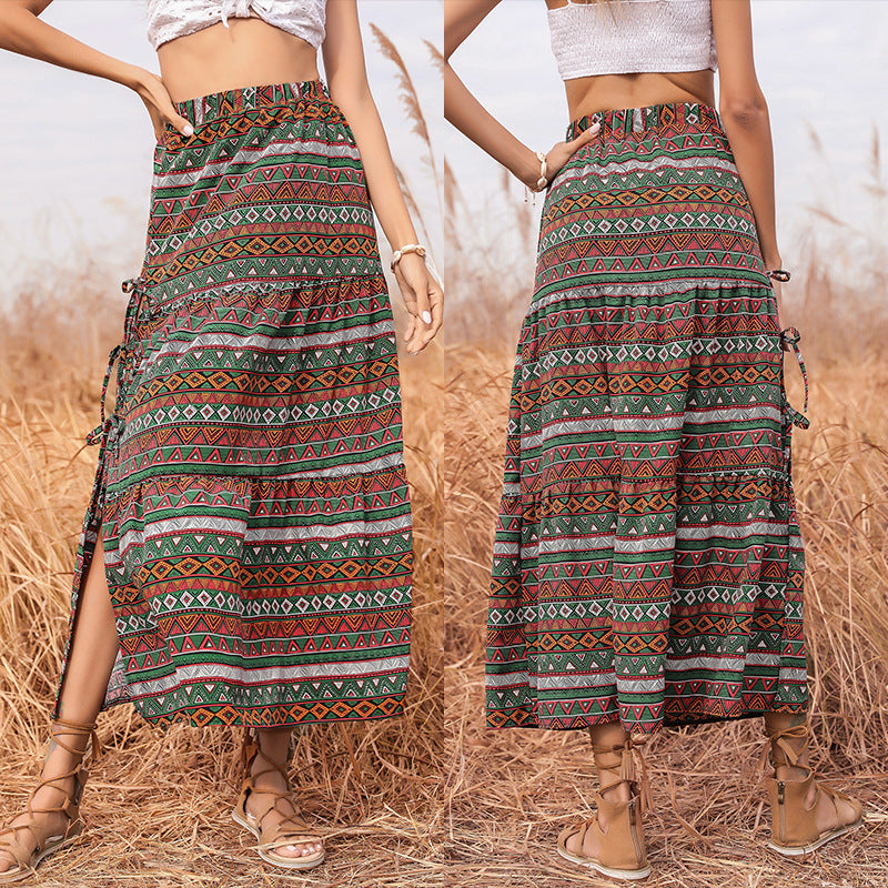 Damen Maxi-Stufenrock mit elastischem Taillenbund, seitlichen Knotendetails und Ethno-Print Shop Nory